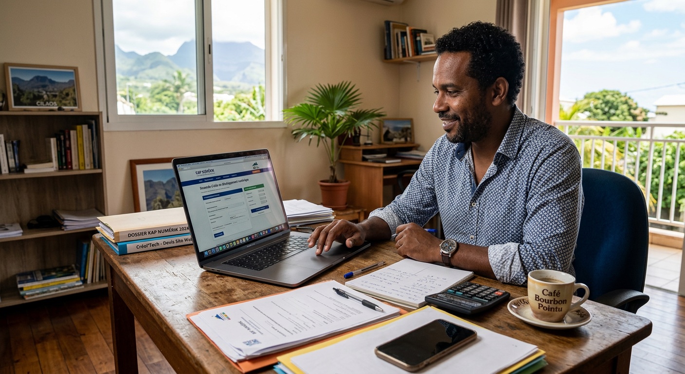Entrepreneur réunionnais calculant son aide Kap Numérik sur ordinateur portable avec documents et tasse de café